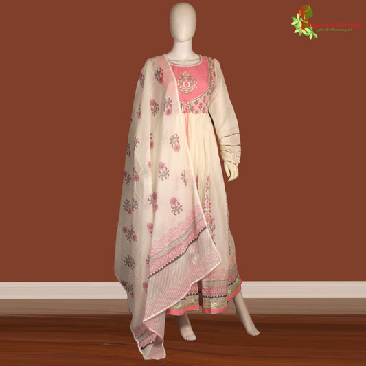 Maharani's Anarkali Suit - Soft Cotton - Pink and White (S, M, XL)