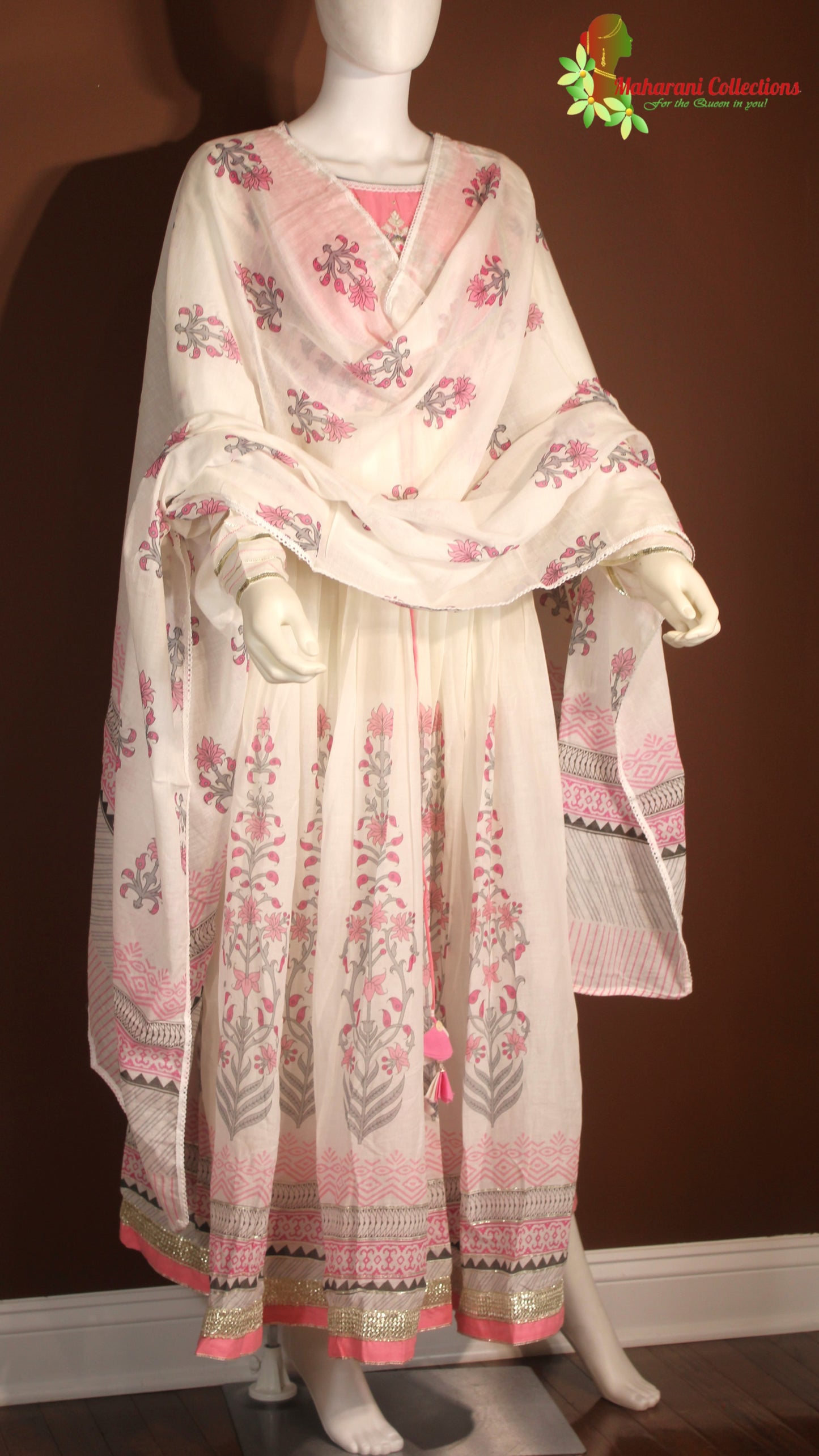 Maharani's Anarkali Suit - Soft Cotton - Pink and White (S, M, XL)