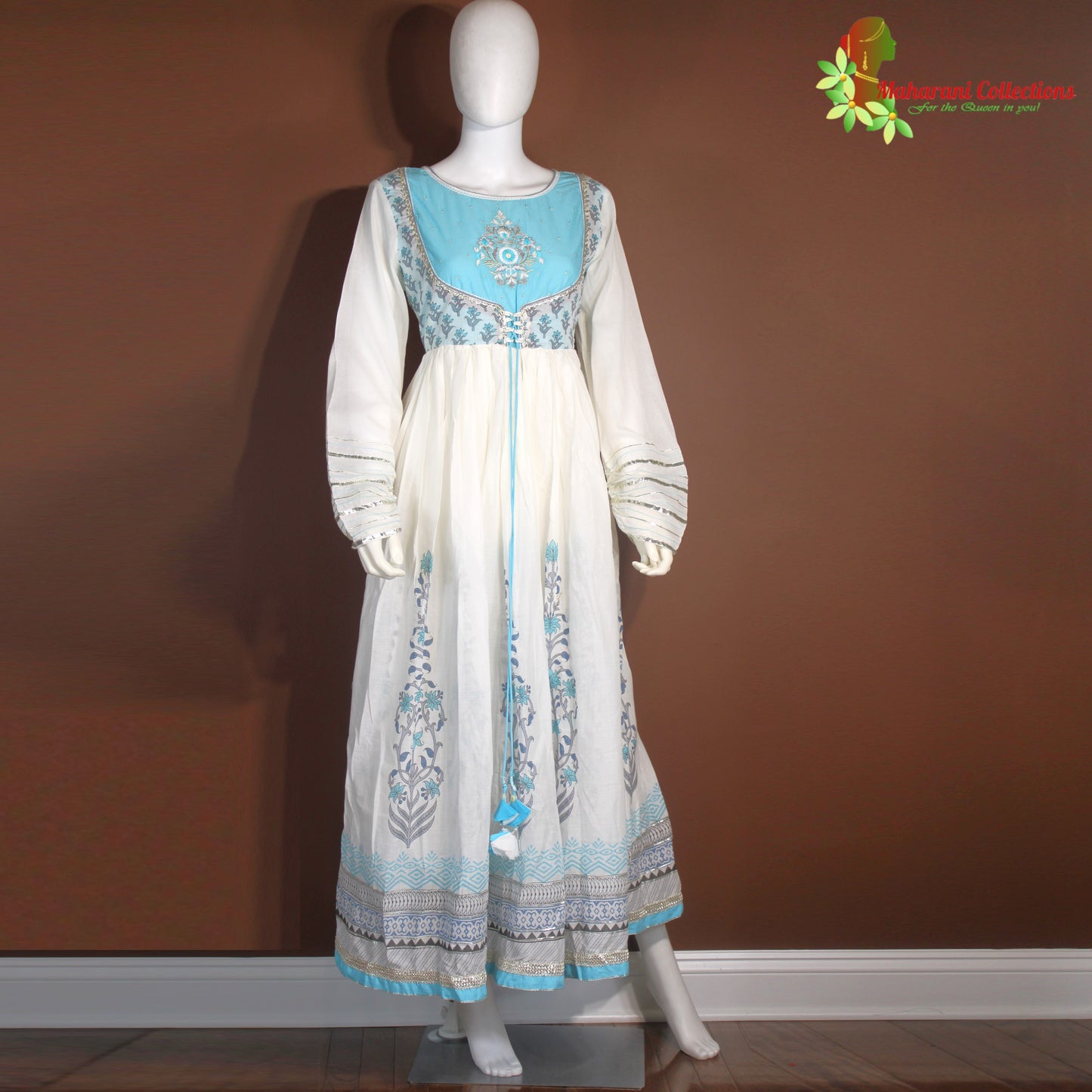 Maharani's Anarkali Suit - Soft Cotton - Sky Blue and White (S, M, L)