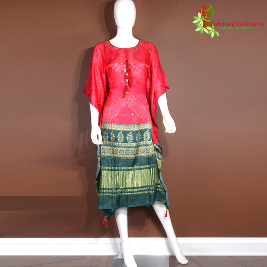 Maharani's Kaftan Suit - Muslin Silk - Red and Green (S, M)