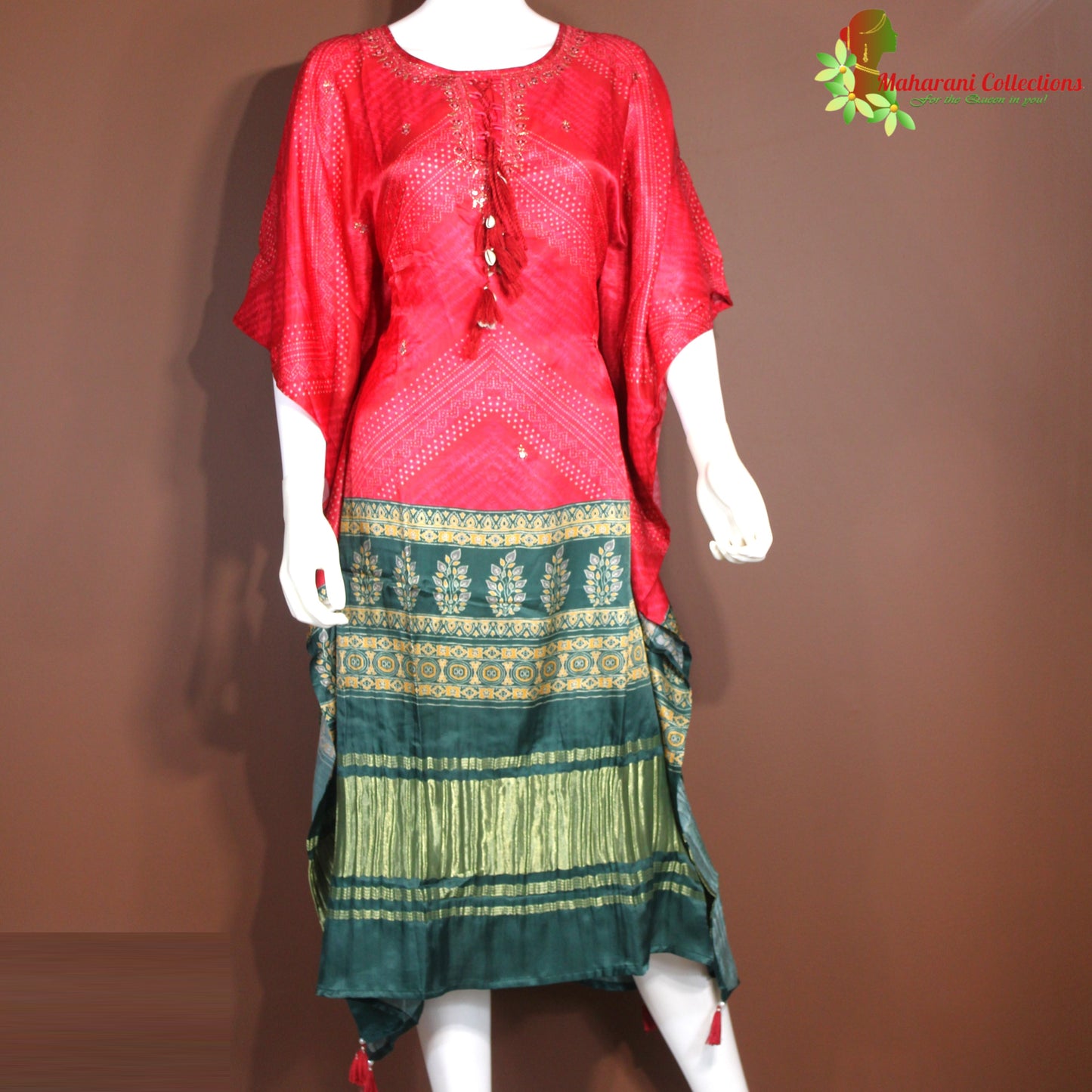 Maharani's Kaftan Suit - Muslin Silk - Red and Green (S, M)