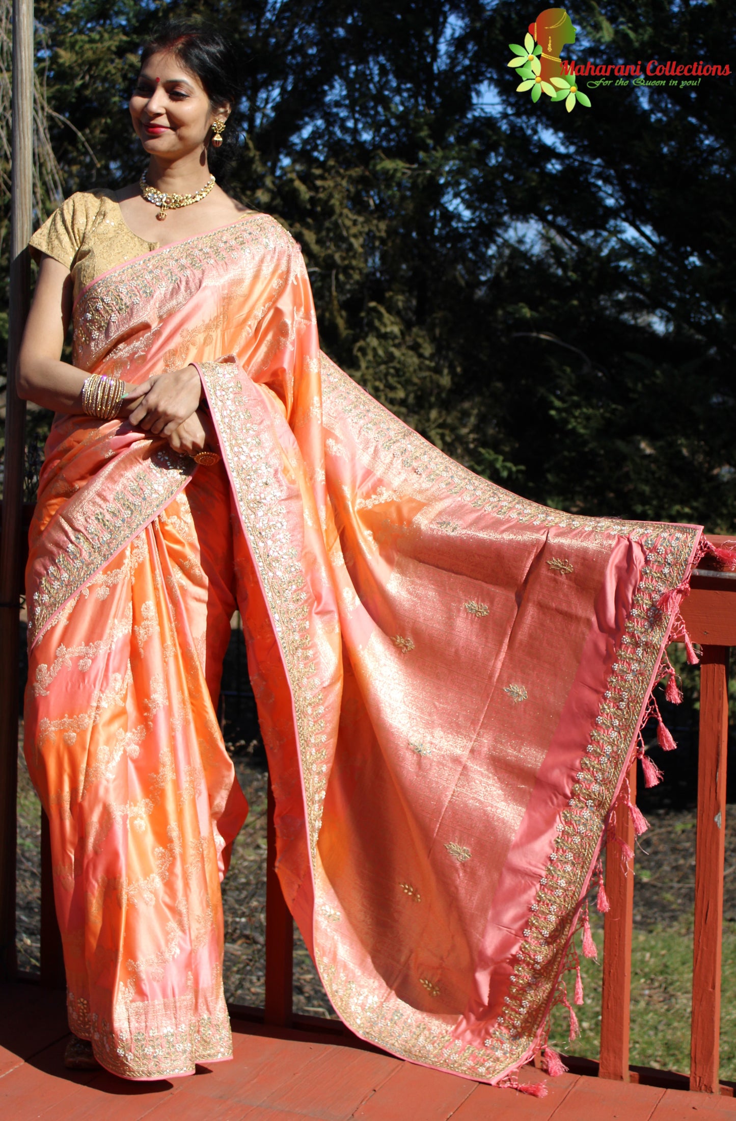 Maharani's Pure Banarasi Silk Rangkat Saree - Shades of Peach/Pink/Orange (with Stitched Petticoat)