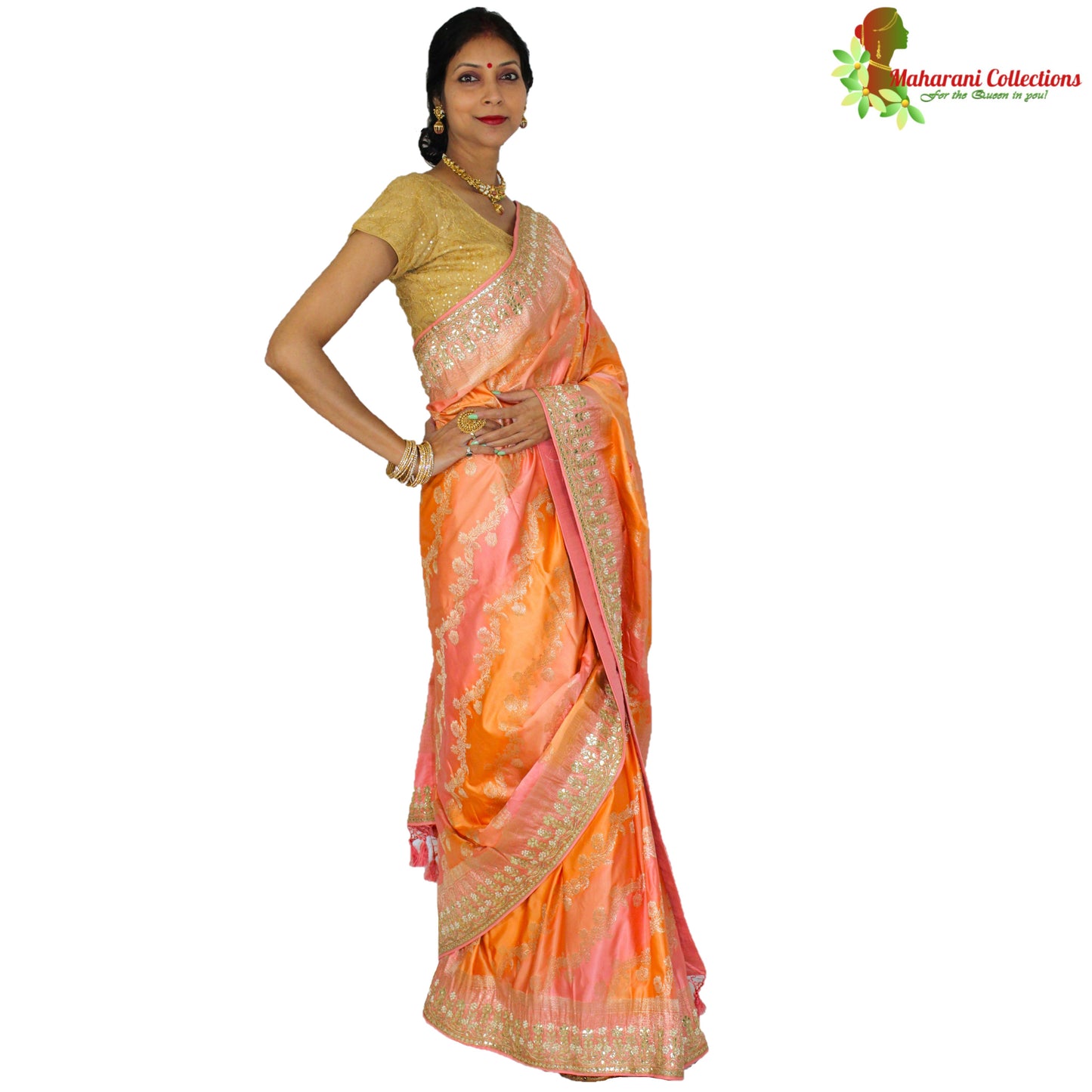 Maharani's Pure Banarasi Silk Rangkat Saree - Shades of Peach/Pink/Orange (with Stitched Petticoat)