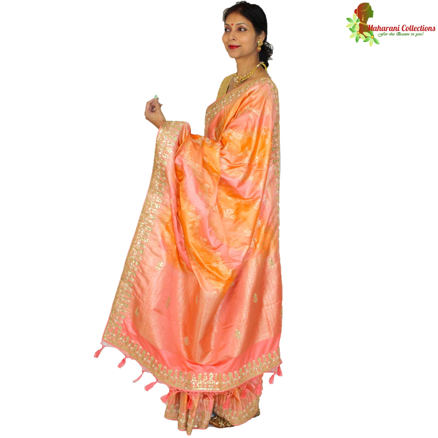 Maharani's Pure Banarasi Silk Rangkat Saree - Shades of Peach/Pink/Orange (with Stitched Petticoat)