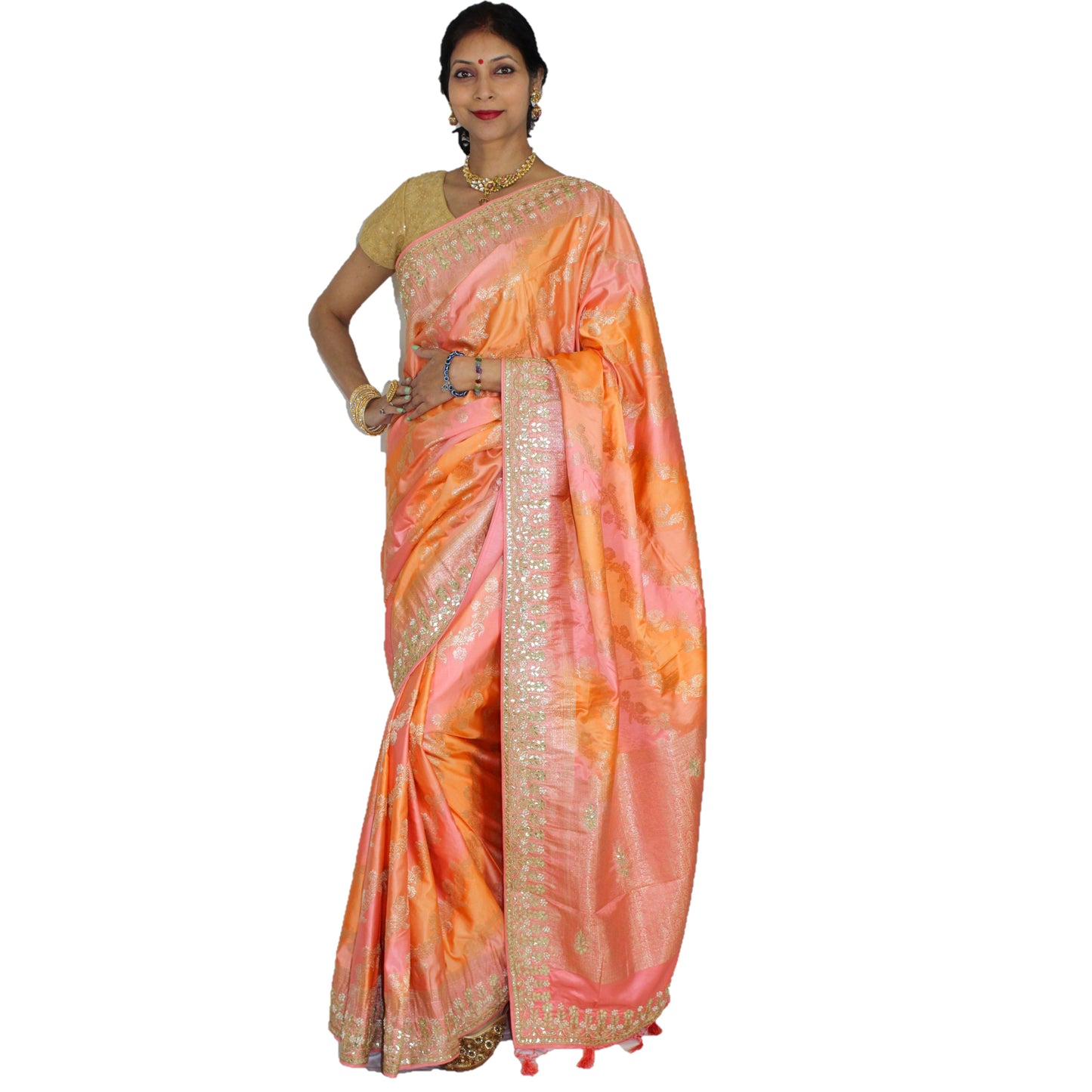 Maharani's Pure Banarasi Silk Rangkat Saree - Shades of Peach/Pink/Orange (with Stitched Petticoat)