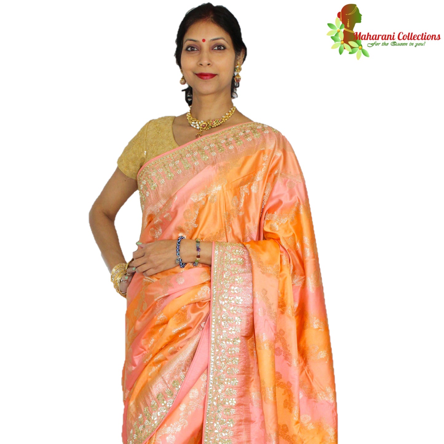 Maharani's Pure Banarasi Silk Rangkat Saree - Shades of Peach/Pink/Orange (with Stitched Petticoat)