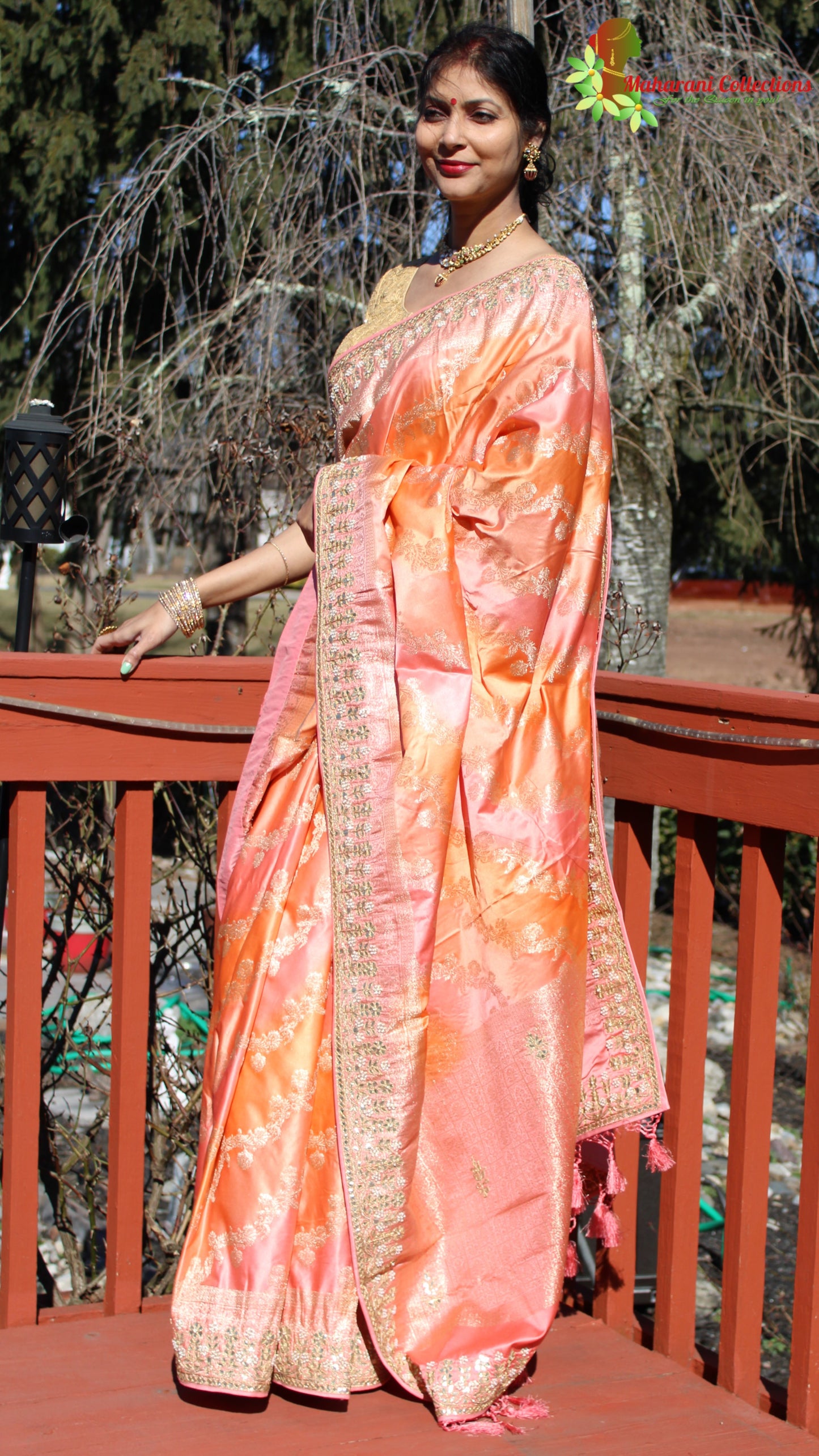 Maharani's Pure Banarasi Silk Rangkat Saree - Shades of Peach/Pink/Orange (with Stitched Petticoat)