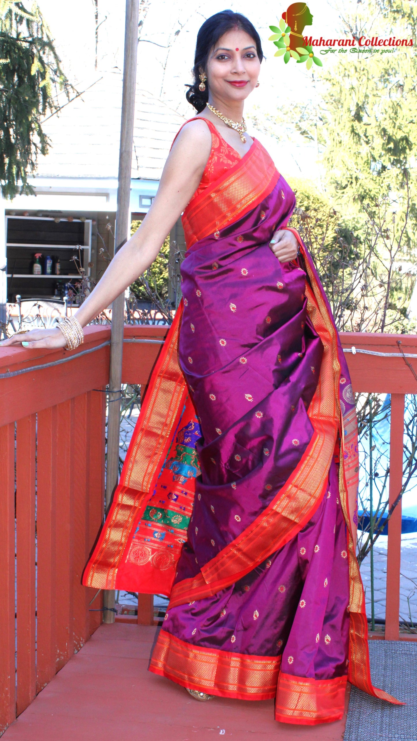 Maharani's Pure Banarasi Silk Paithani Saree - Purple and Orange (with Stitched Petticoat)