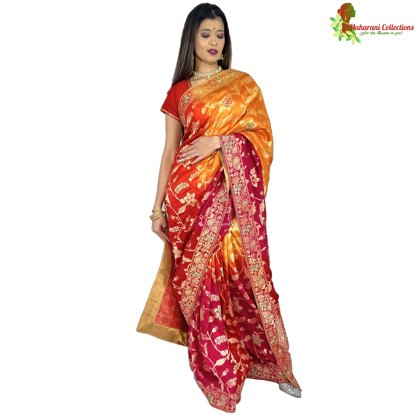 Maharani's Pure Banarasi Silk Saree - Shades of Red/Pink/Orange (with Stitched Petticoat)