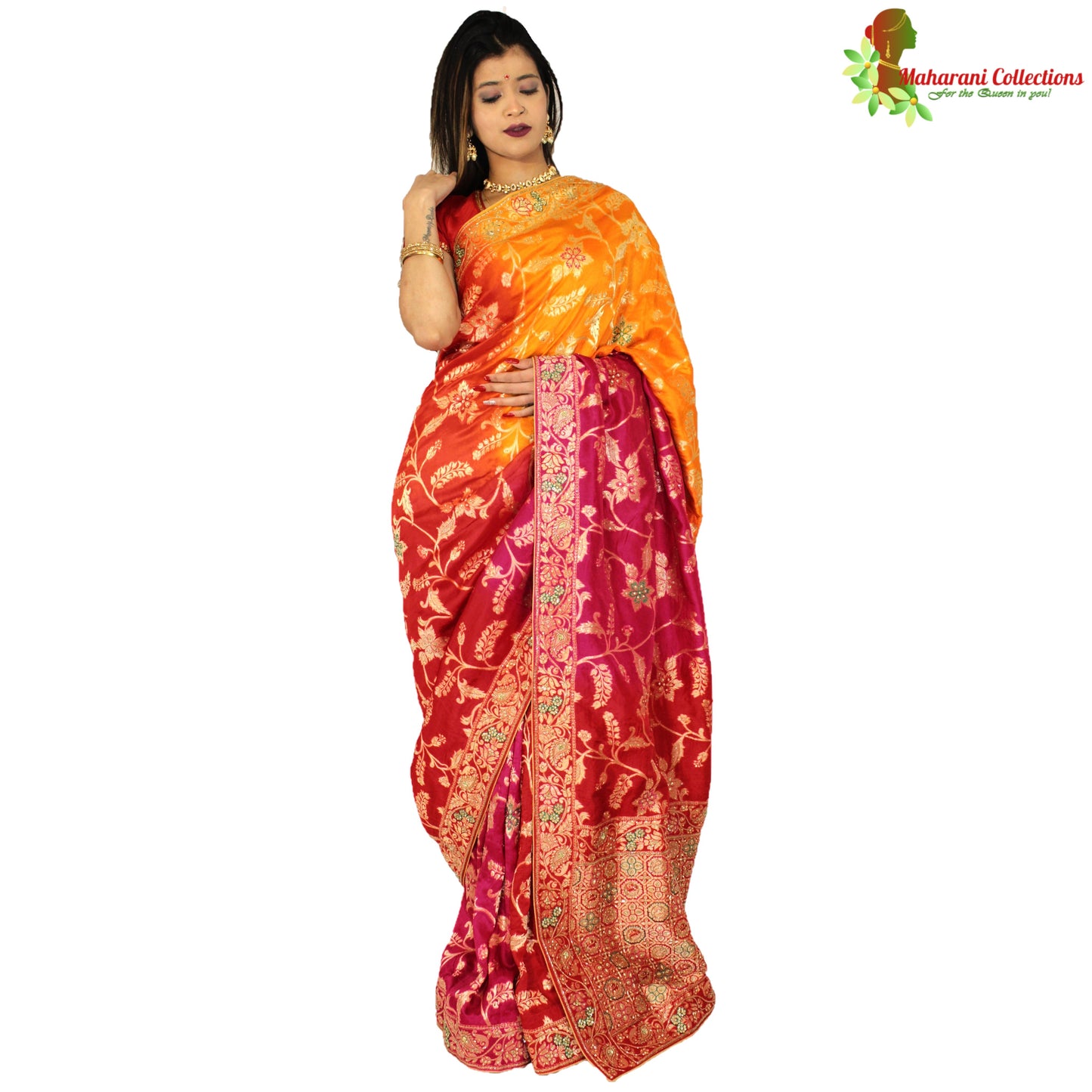 Maharani's Pure Banarasi Silk Saree - Shades of Red/Pink/Orange (with Stitched Petticoat)