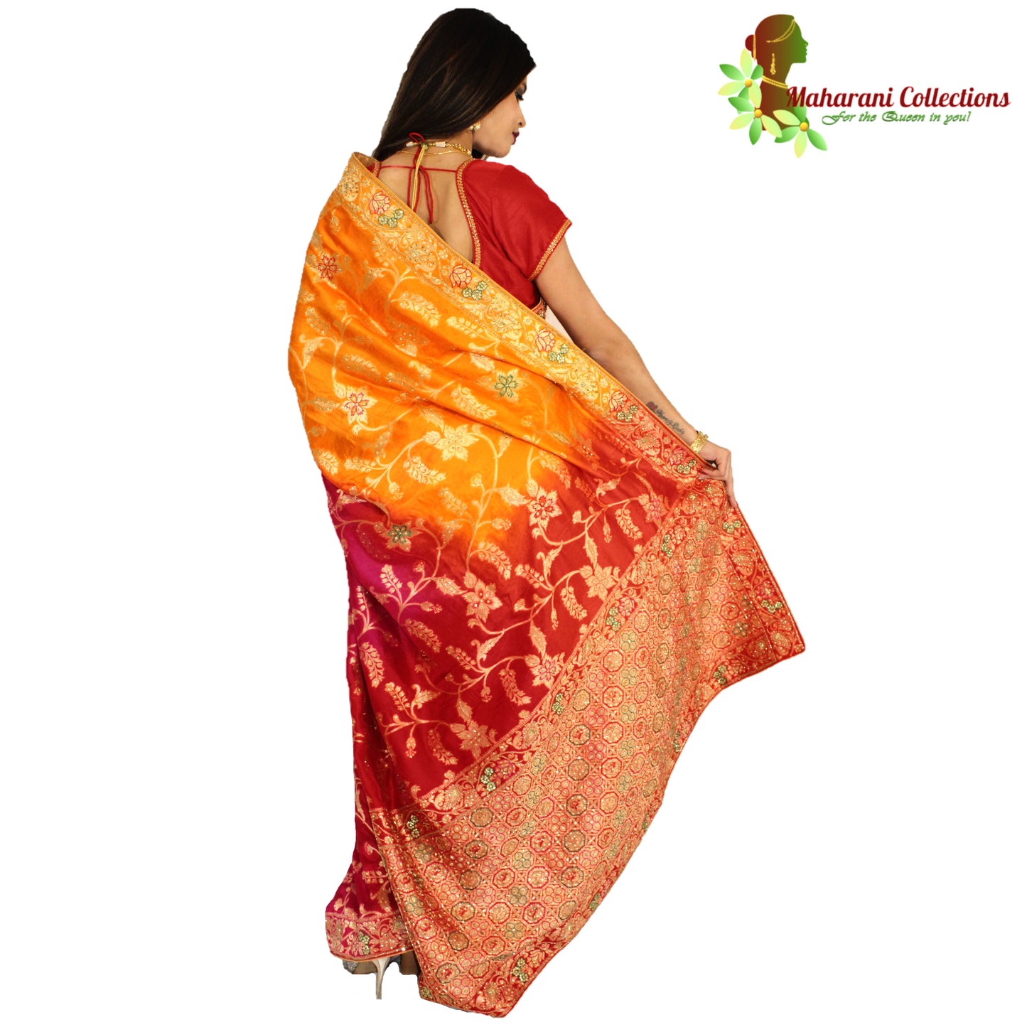 Maharani's Pure Banarasi Silk Saree - Shades of Red/Pink/Orange (with Stitched Petticoat)