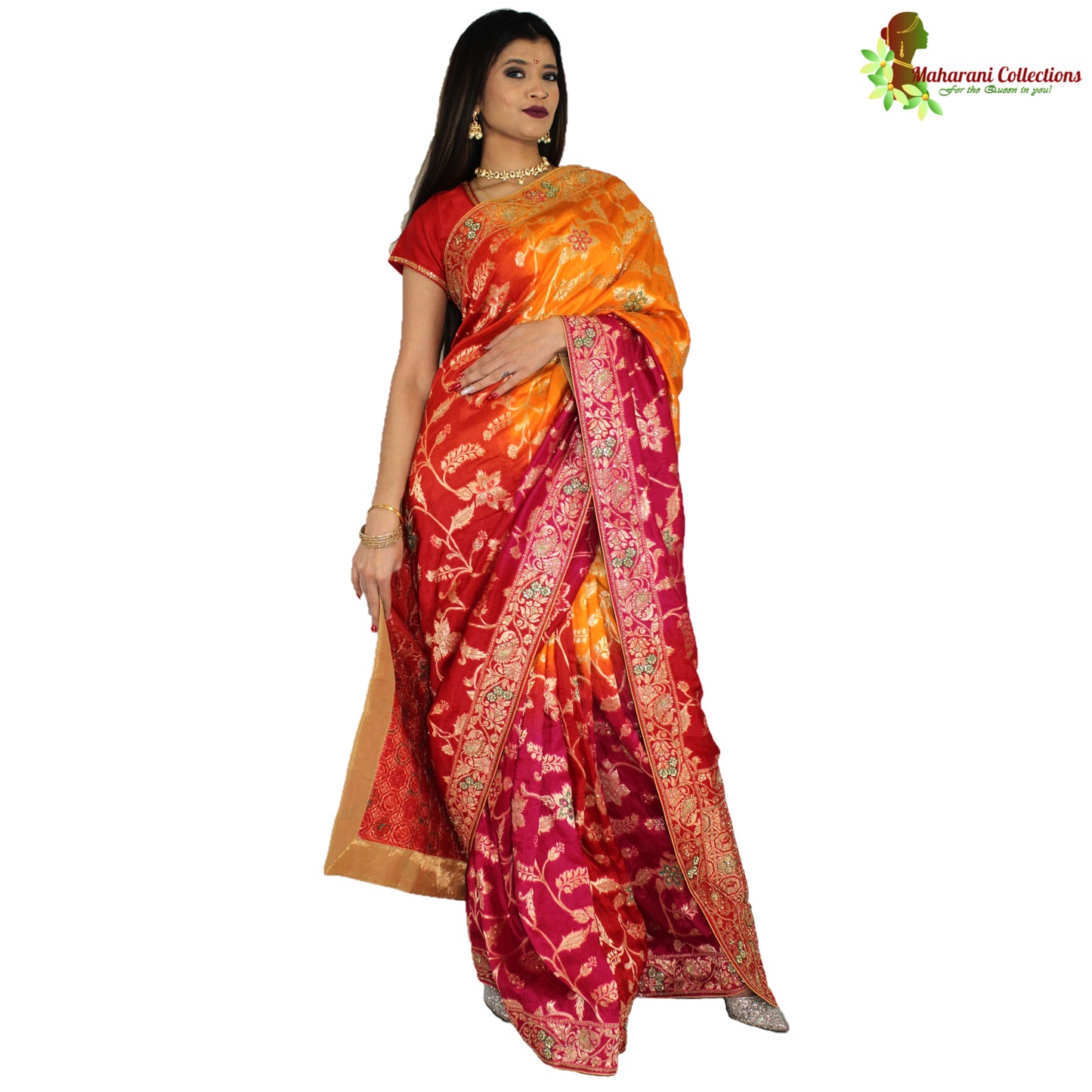 Maharani's Pure Banarasi Silk Saree - Shades of Red/Pink/Orange (with Stitched Petticoat)