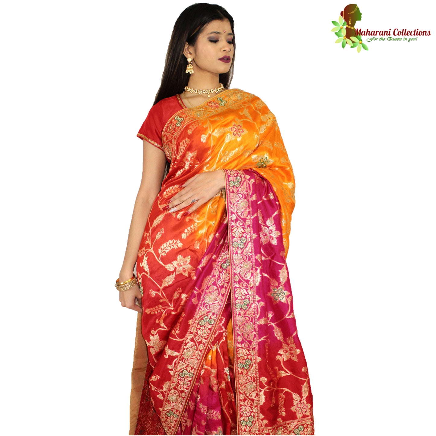 Maharani's Pure Banarasi Silk Saree - Shades of Red/Pink/Orange (with Stitched Petticoat)