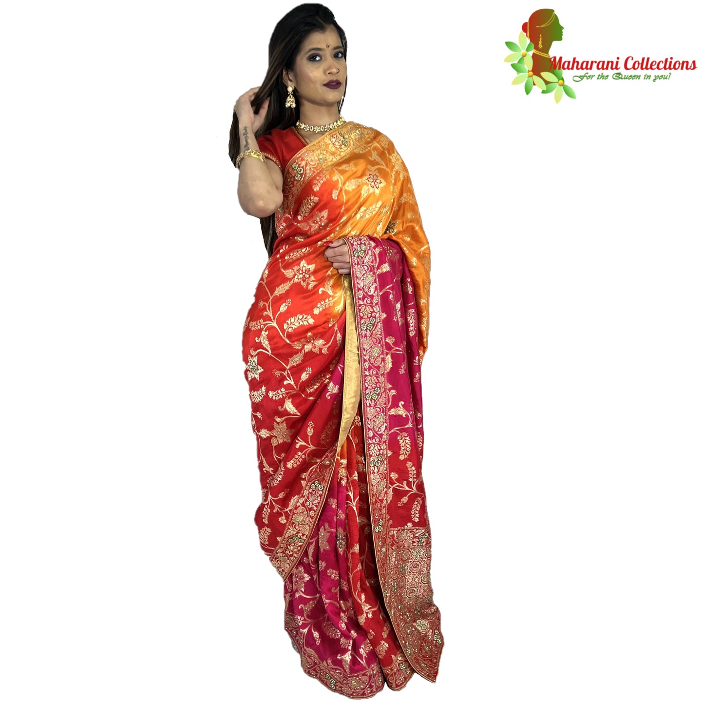 Maharani's Pure Banarasi Silk Saree - Shades of Red/Pink/Orange (with Stitched Petticoat)