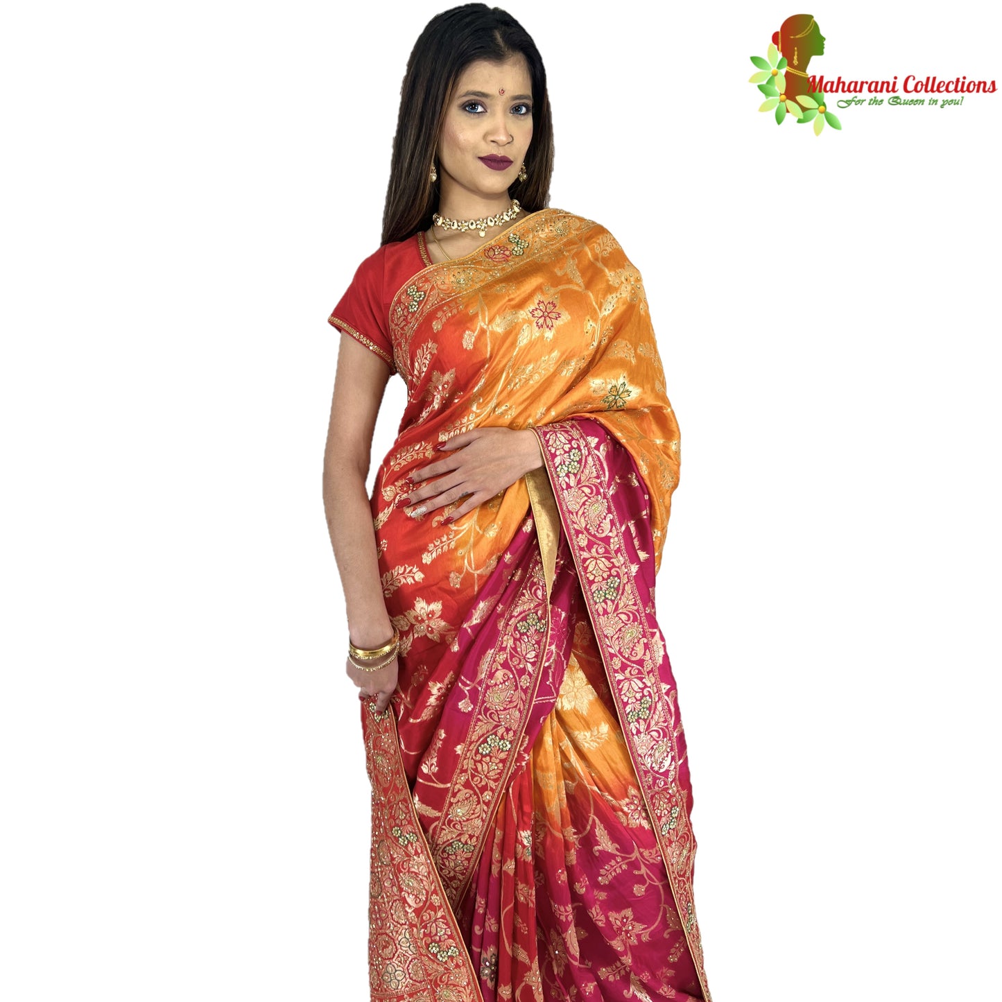 Maharani's Pure Banarasi Silk Saree - Shades of Red/Pink/Orange (with Stitched Petticoat)