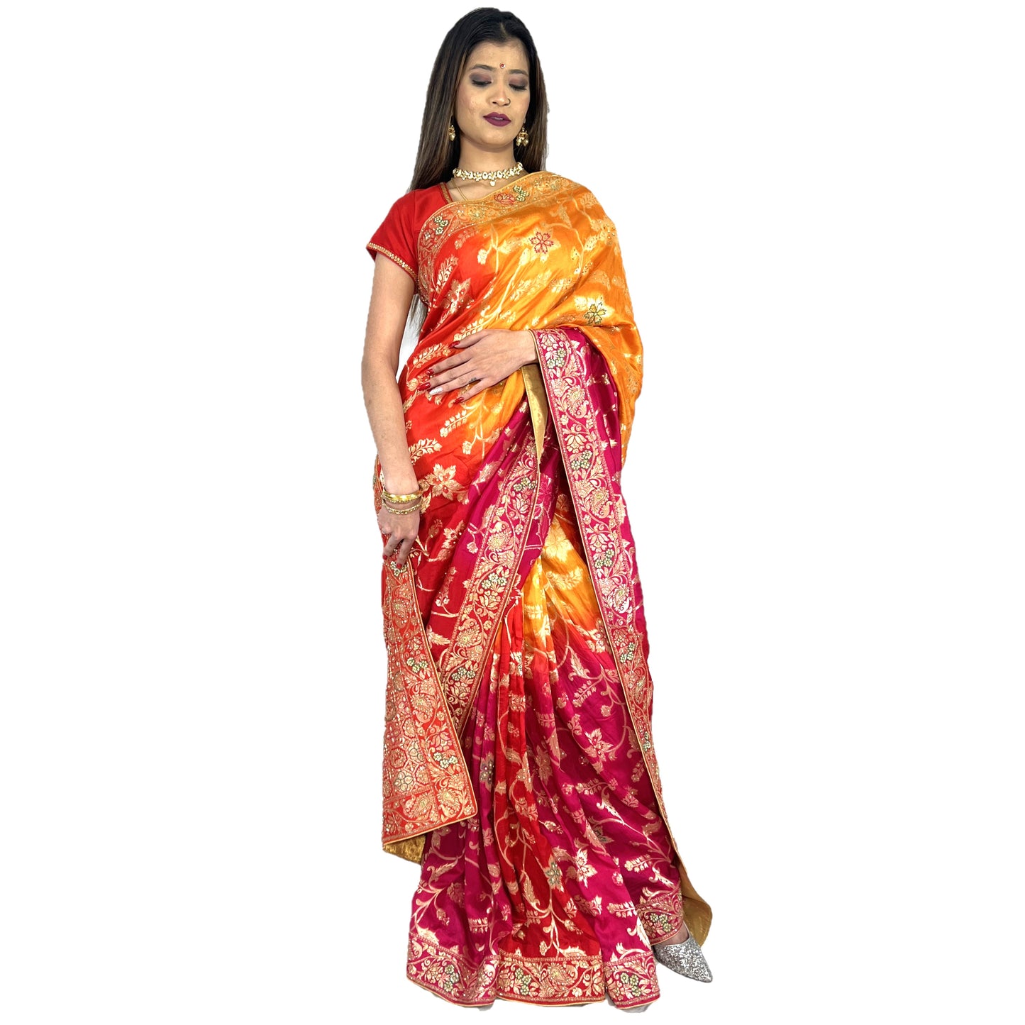 Maharani's Pure Banarasi Silk Saree - Shades of Red/Pink/Orange (with Stitched Petticoat)