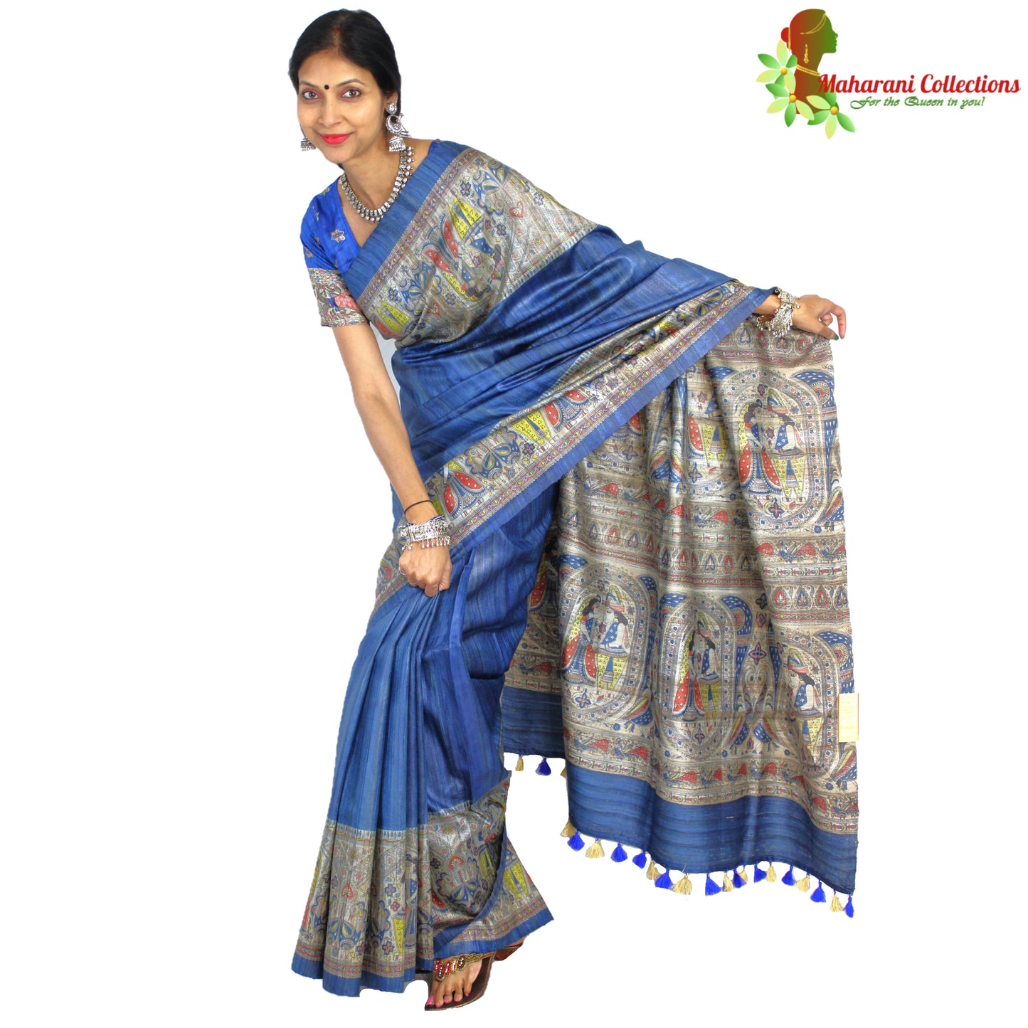 Maharani's Pure Tussar Silk Saree (Silk Mark) - Robin Blue with Madhubani Hand Painting