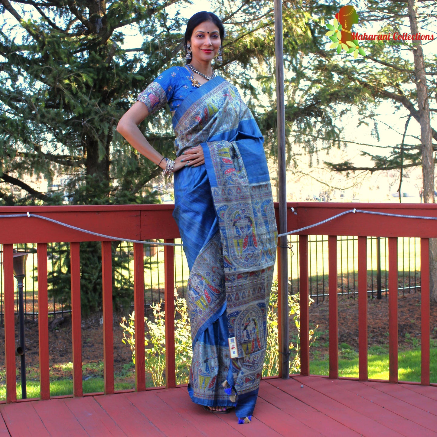 Maharani's Pure Tussar Silk Saree (Silk Mark) - Robin Blue with Madhubani Hand Painting