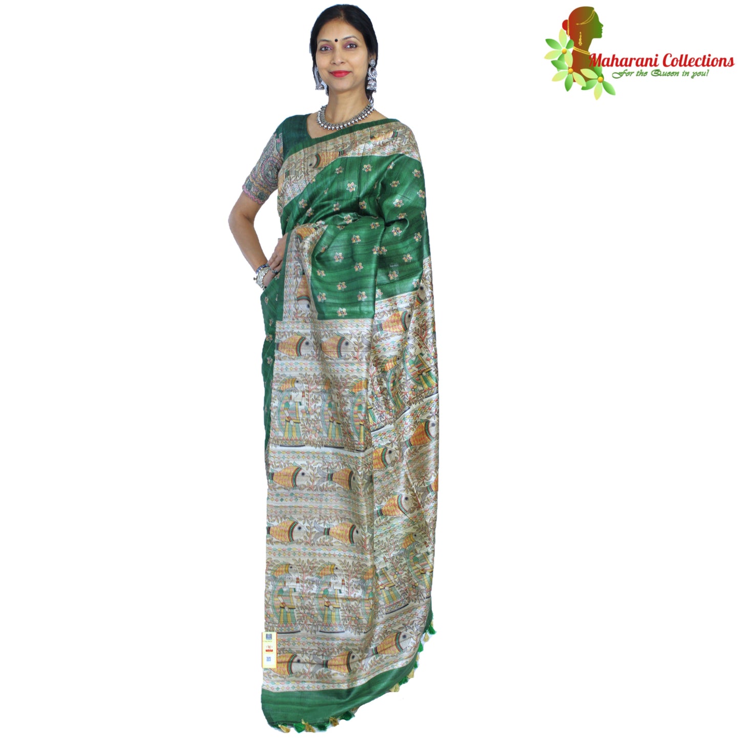 Maharani's Pure Tussar Silk Saree (Silk Mark) - Green with Madhubani Hand Painting