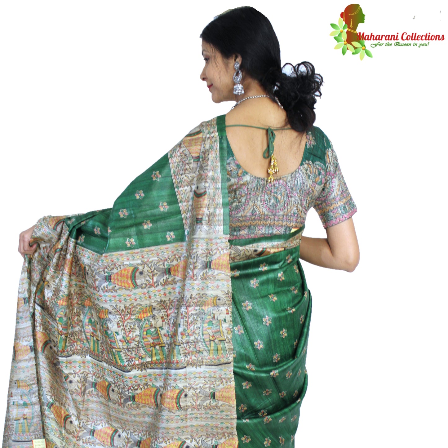 Maharani's Pure Tussar Silk Saree (Silk Mark) - Green with Madhubani Hand Painting