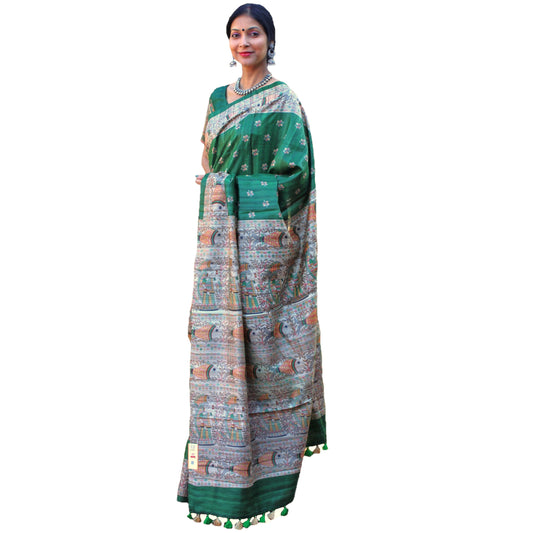 Maharani's Pure Tussar Silk Saree (Silk Mark) - Green with Madhubani Hand Painting