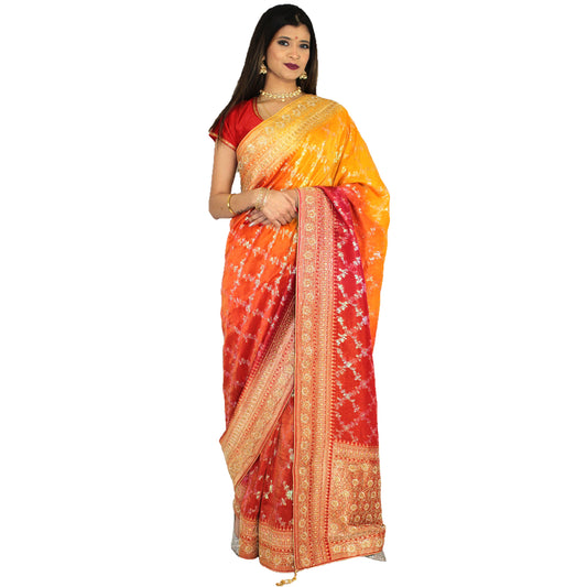 Maharani's Pure Banarasi Georgette Saree - Yellow/Orange/Red (with Stitched Petticoat)