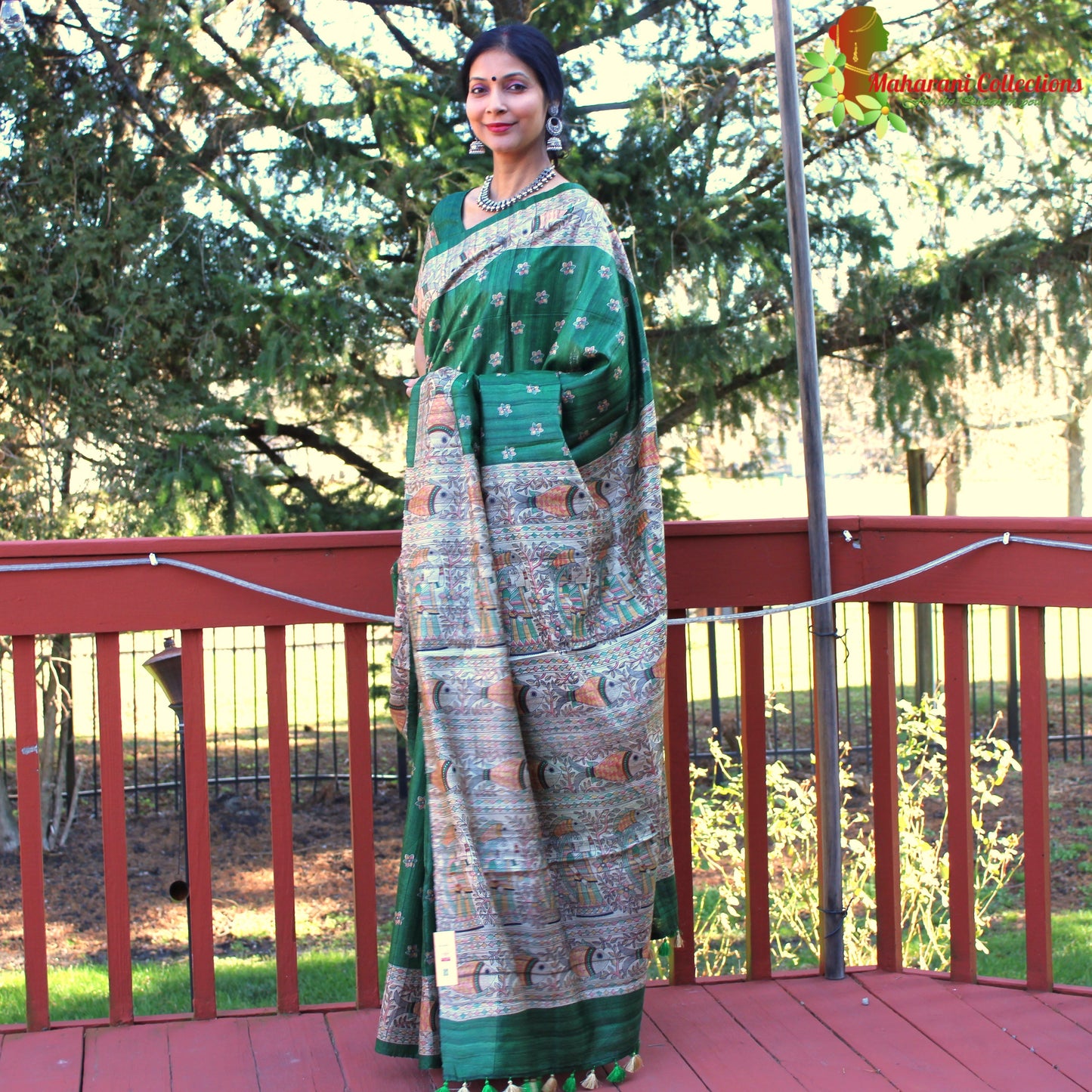 Maharani's Pure Tussar Silk Saree (Silk Mark) - Green with Madhubani Hand Painting