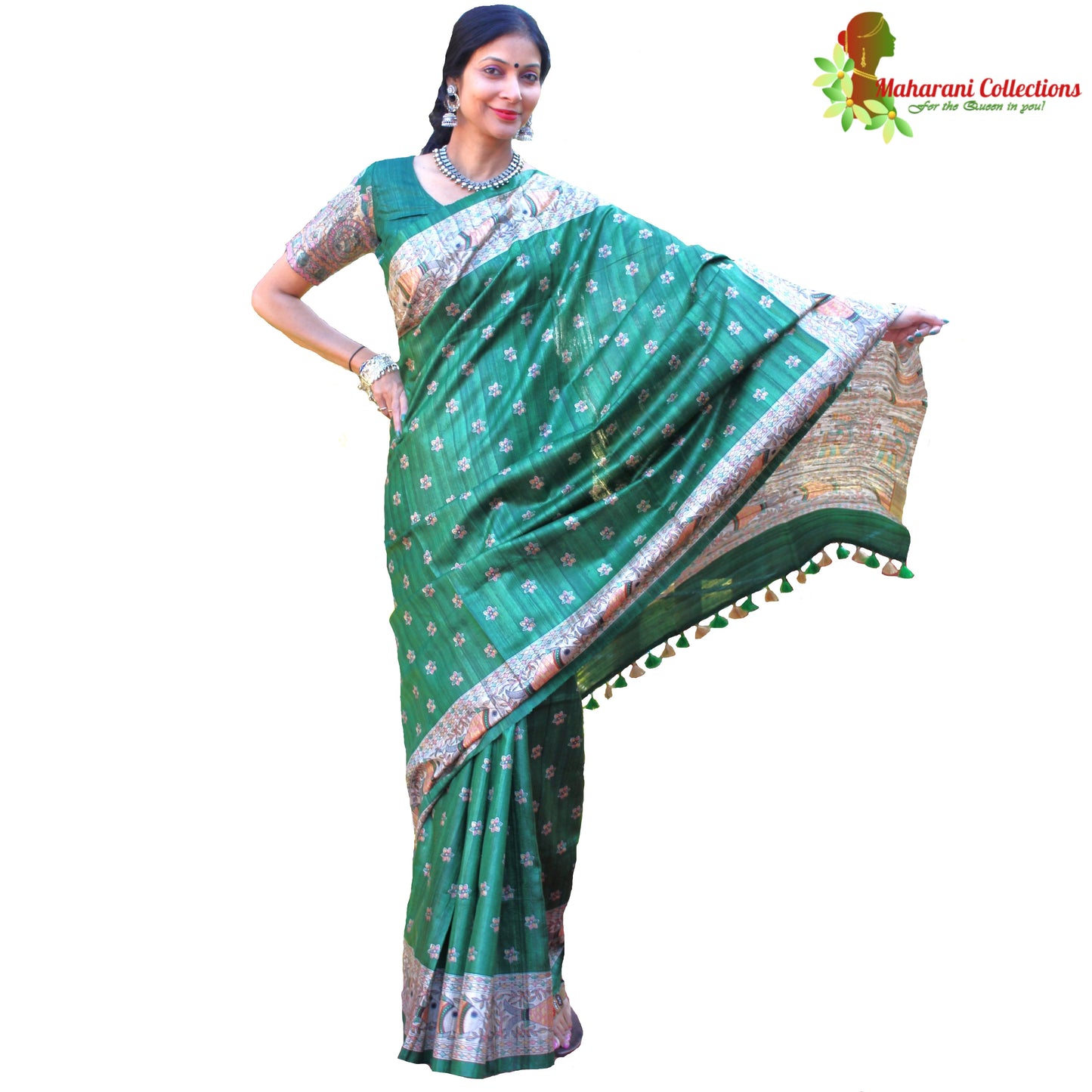 Maharani's Pure Tussar Silk Saree (Silk Mark) - Green with Madhubani Hand Painting