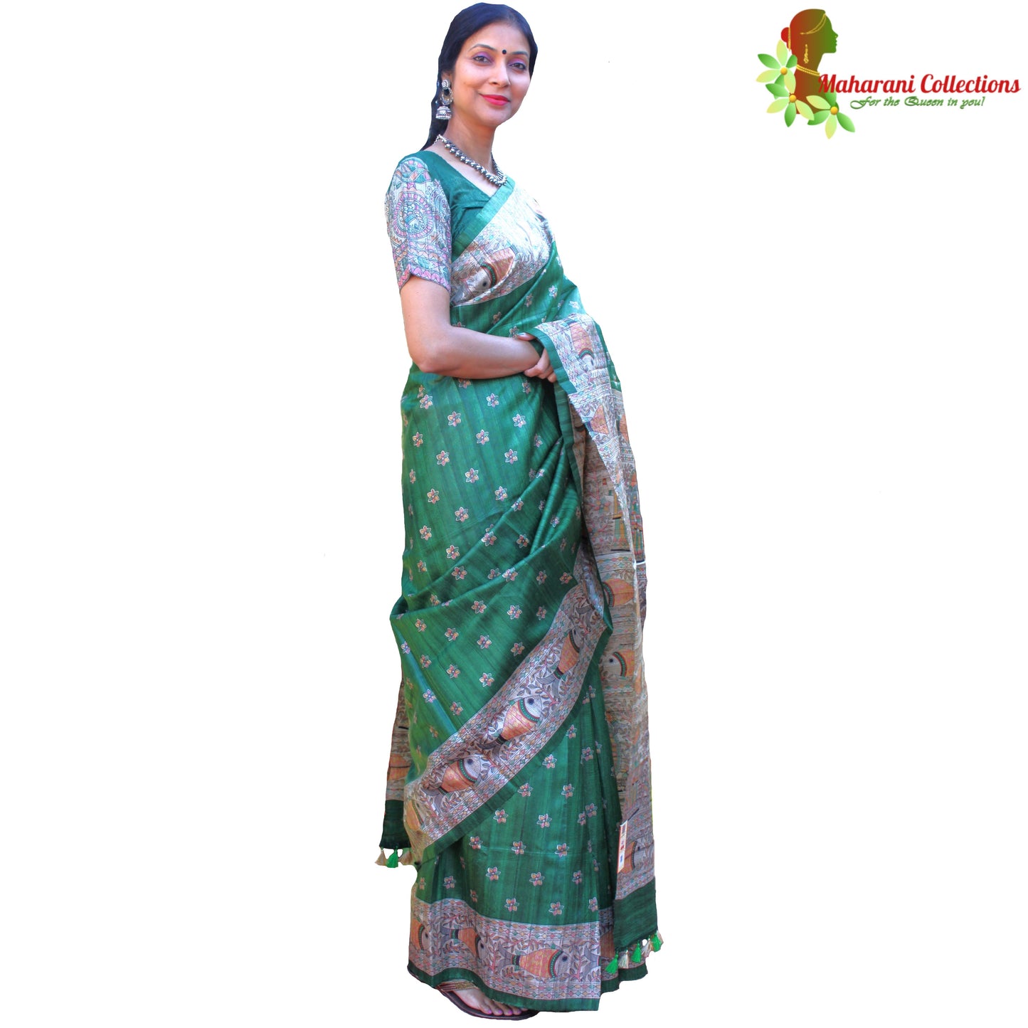 Maharani's Pure Tussar Silk Saree (Silk Mark) - Green with Madhubani Hand Painting