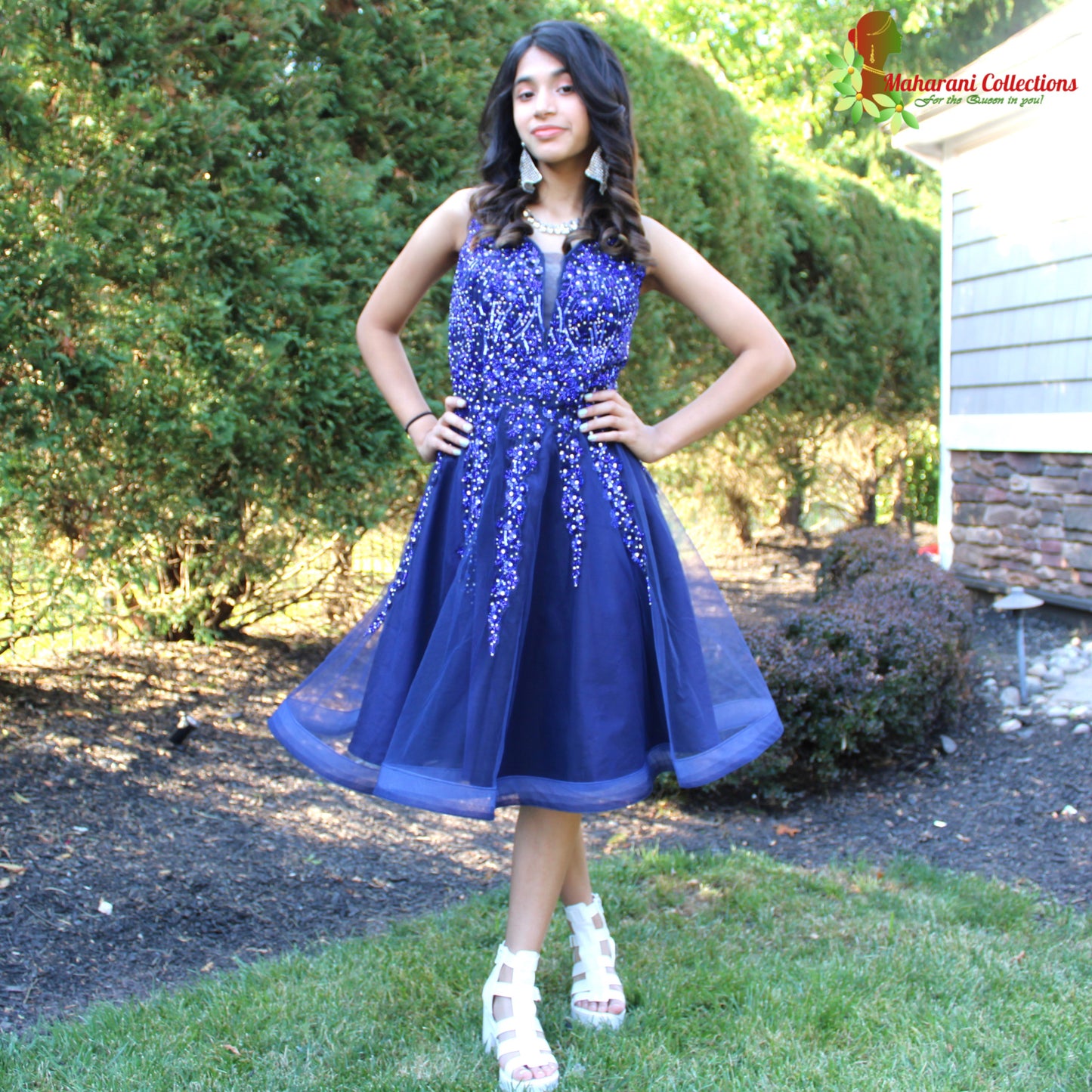 Maharani's Designer Silk and Net Evening Dress - Robin Blue (S)
