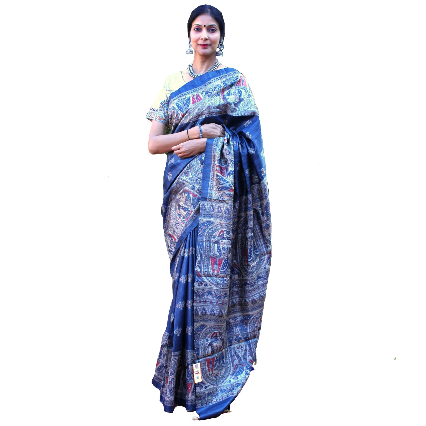 Maharani's Pure Tussar Silk Saree (Silk Mark) - Cobalt Blue with Madhubani Hand Painting