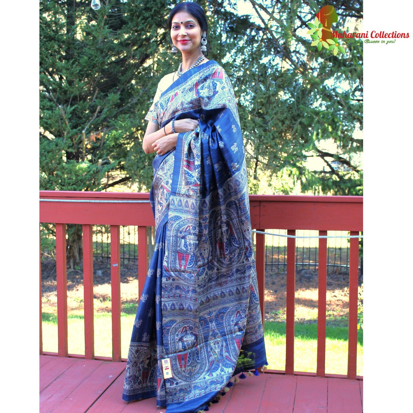 Maharani's Pure Tussar Silk Saree (Silk Mark) - Cobalt Blue with Madhubani Hand Painting