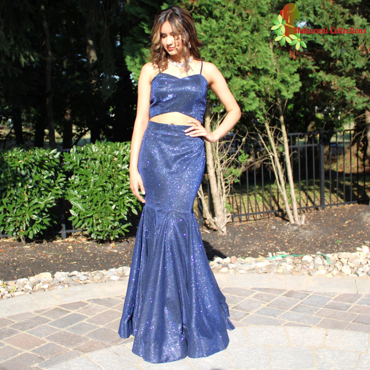Maharani's Designer Mermaid Gala Gown - Navy Blue (M) with Glitter and Sequins Work