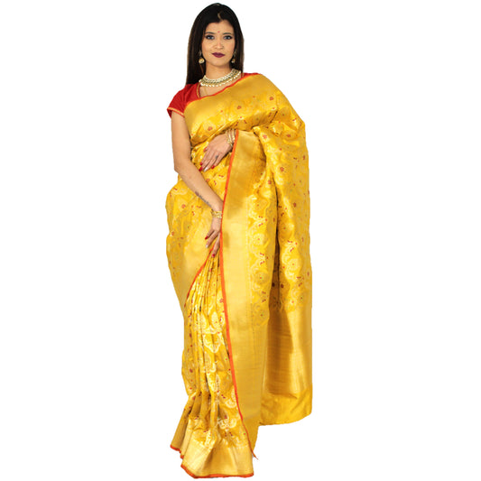 Maharani's Pure Banarasi Silk Saree - Deep Yellow (with Stitched Petticoat)