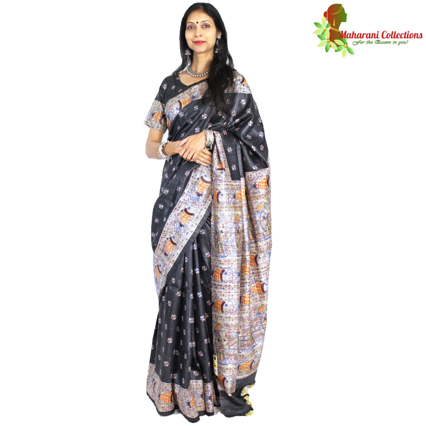 Maharani's Pure Tussar Silk Saree (Silk Mark) - Black with Madhubani Hand Painting and Boota Work