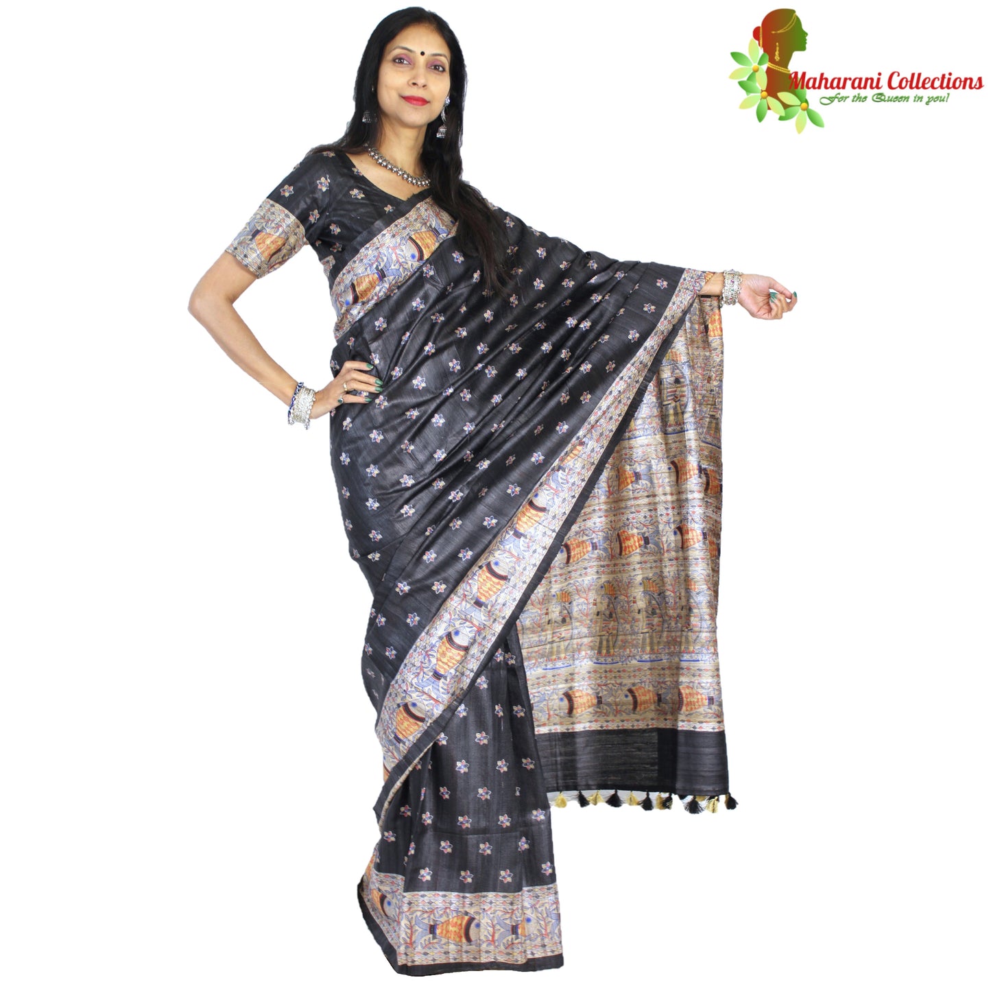 Maharani's Pure Tussar Silk Saree (Silk Mark) - Black with Madhubani Hand Painting and Boota Work