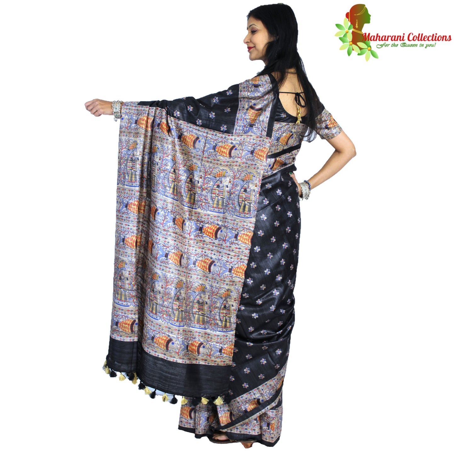 Maharani's Pure Tussar Silk Saree (Silk Mark) - Black with Madhubani Hand Painting and Boota Work