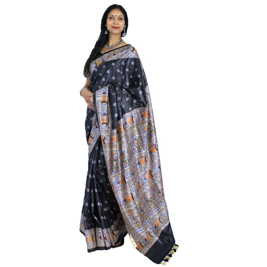 Maharani's Pure Tussar Silk Saree (Silk Mark) - Black with Madhubani Hand Painting and Boota Work