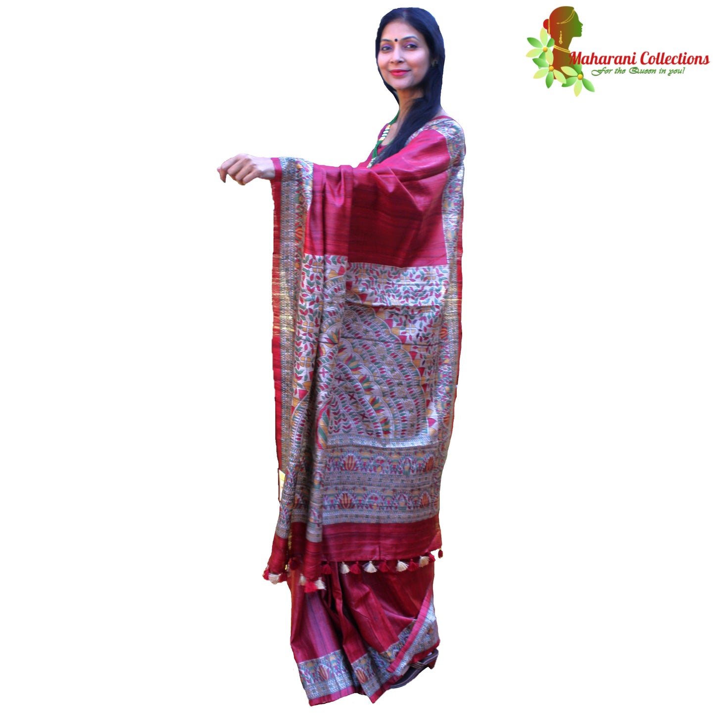 Maharani's Pure Tussar Silk Saree (Silk Mark) - Maroon with Madhubani Hand Painting