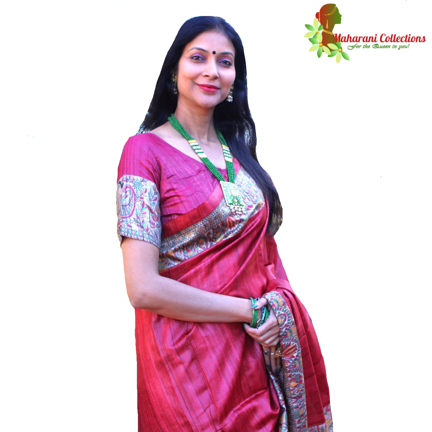 Maharani's Pure Tussar Silk Saree (Silk Mark) - Maroon with Madhubani Hand Painting