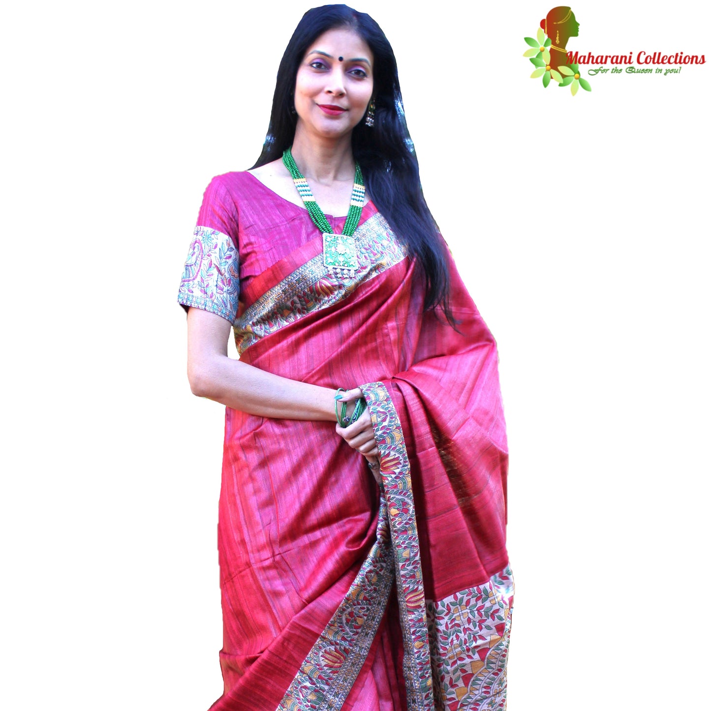 Maharani's Pure Tussar Silk Saree (Silk Mark) - Maroon with Madhubani Hand Painting