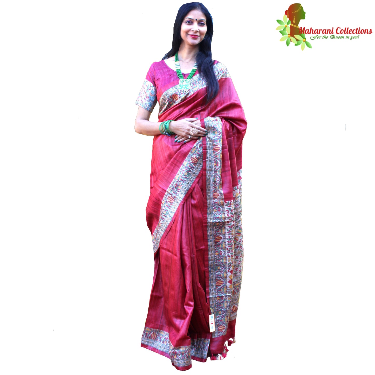 Maharani's Pure Tussar Silk Saree (Silk Mark) - Maroon with Madhubani Hand Painting