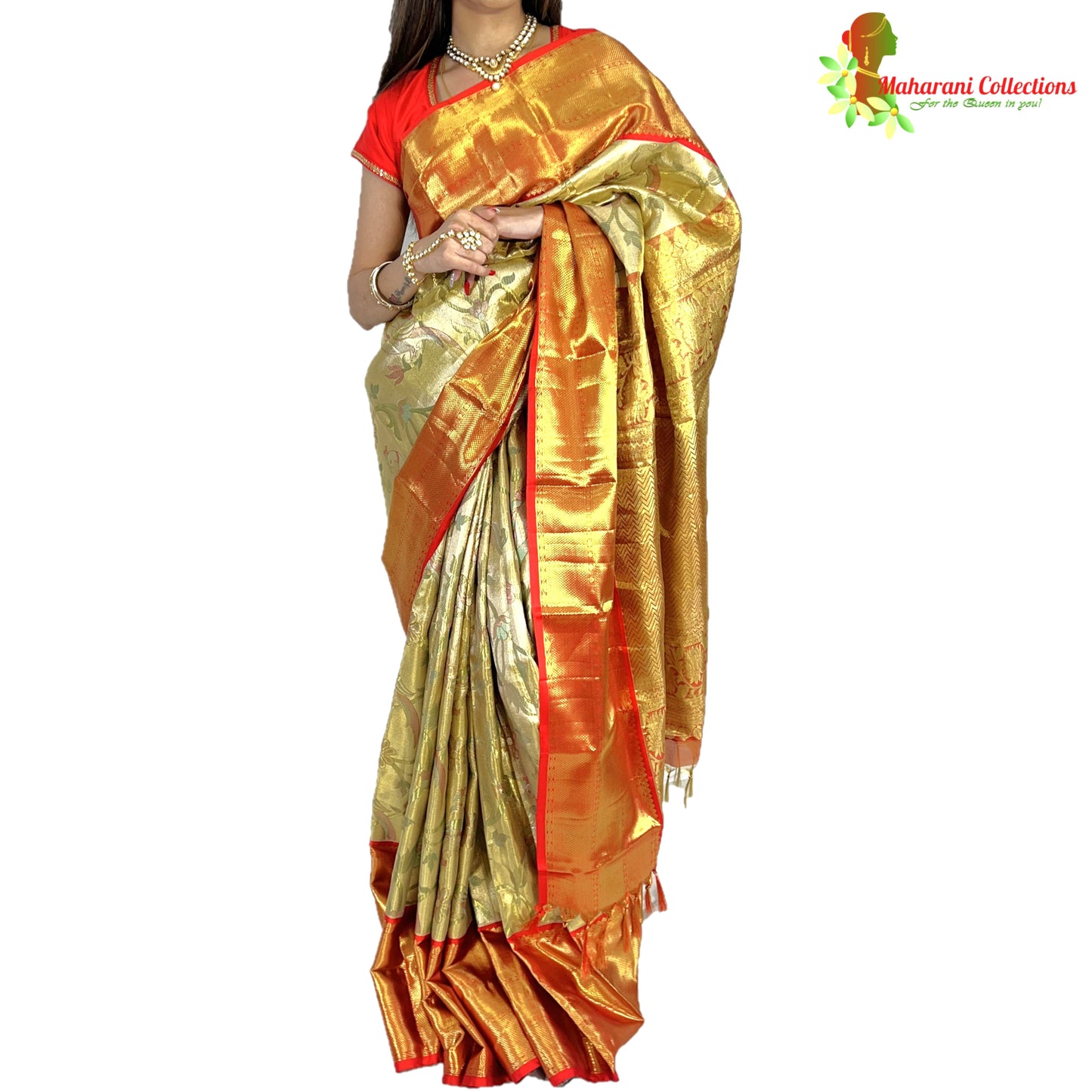 Maharani's Pure Handloom Kanjivaram Silk Saree - Olive Green/Red Border with Golden Zari and Boota Work
