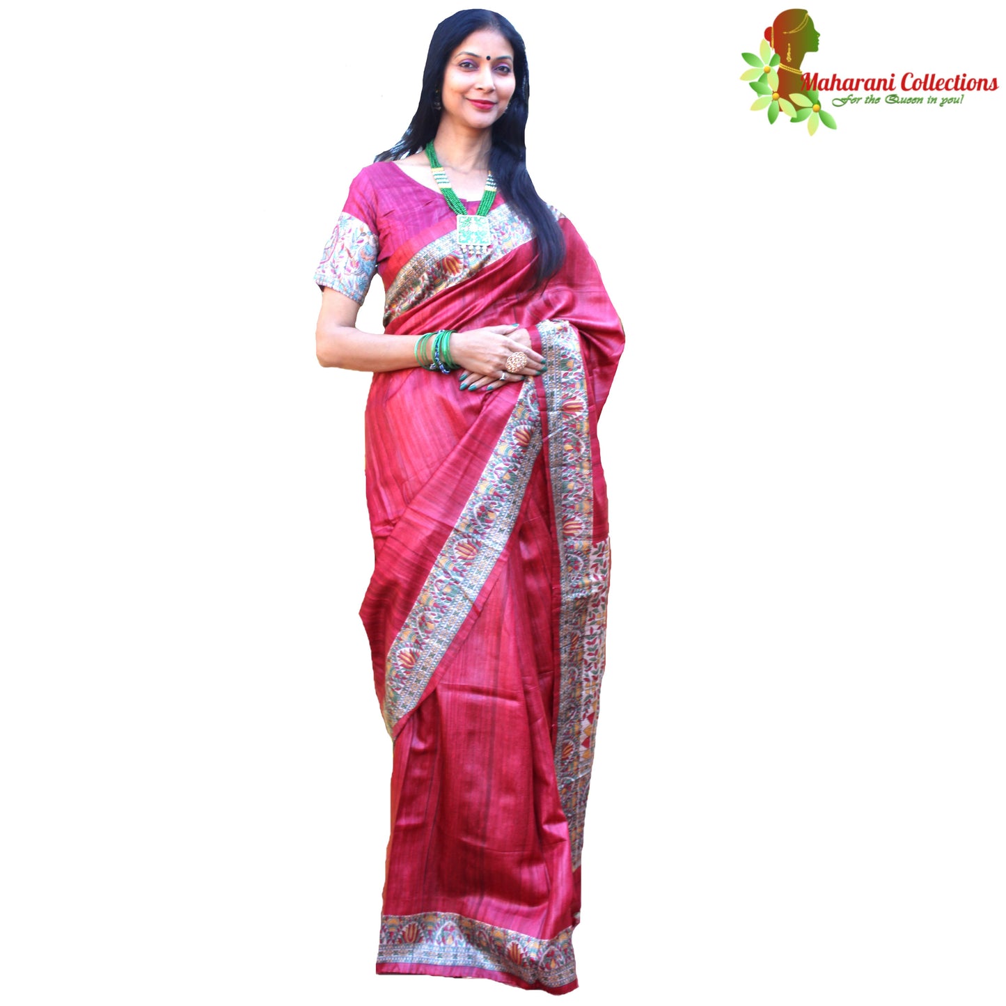 Maharani's Pure Tussar Silk Saree (Silk Mark) - Maroon with Madhubani Hand Painting