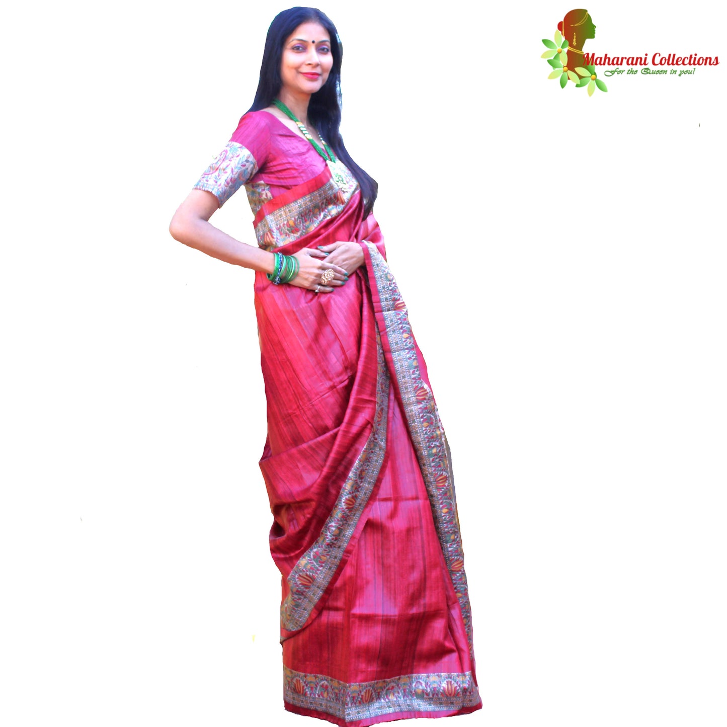 Maharani's Pure Tussar Silk Saree (Silk Mark) - Maroon with Madhubani Hand Painting