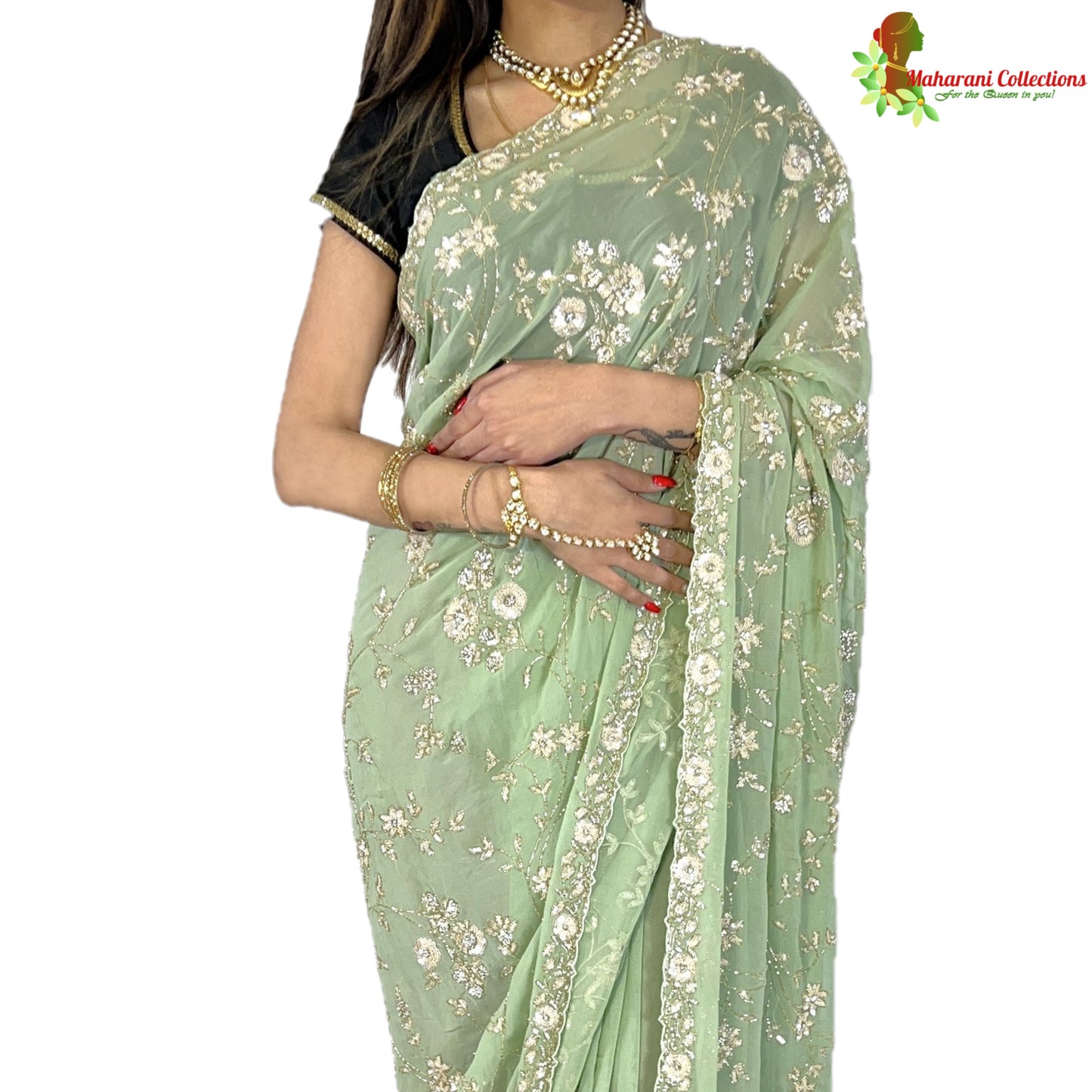 Maharani's Party Wear Georgette Heavy Work Saree - Sea Green (with Stitched Petticoat)