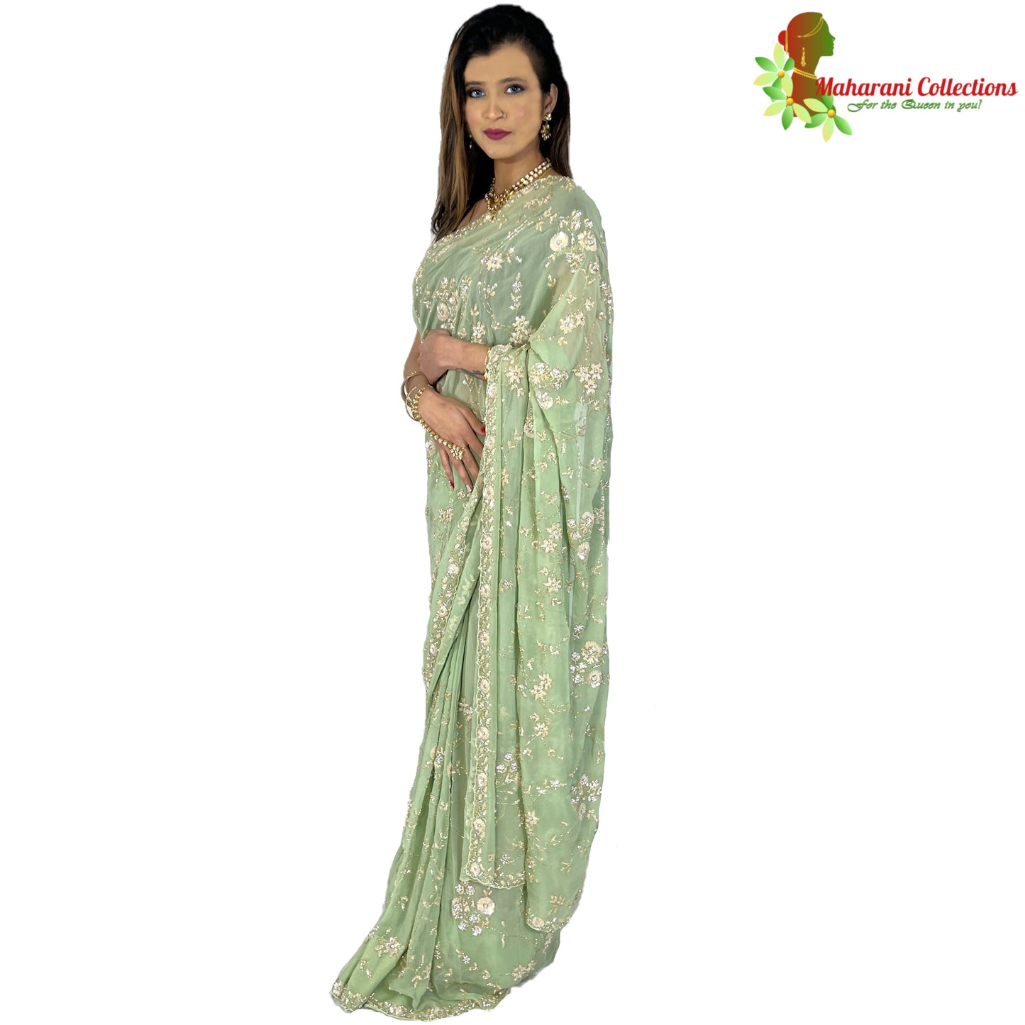 Maharani's Party Wear Georgette Heavy Work Saree - Sea Green (with Stitched Petticoat)