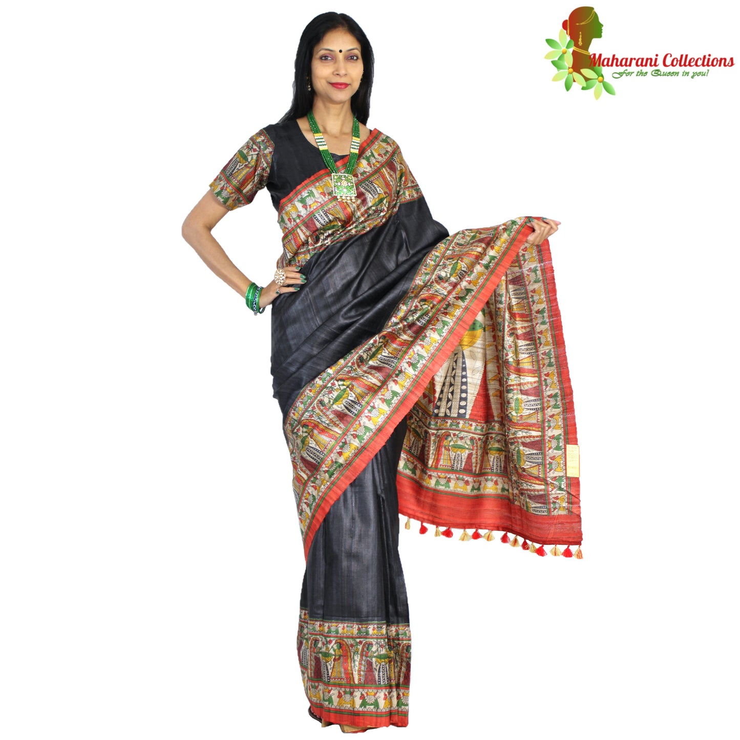 Maharani's Pure Tussar Silk Saree (Silk Mark) - Elegant Black with Madhubani Hand Painting