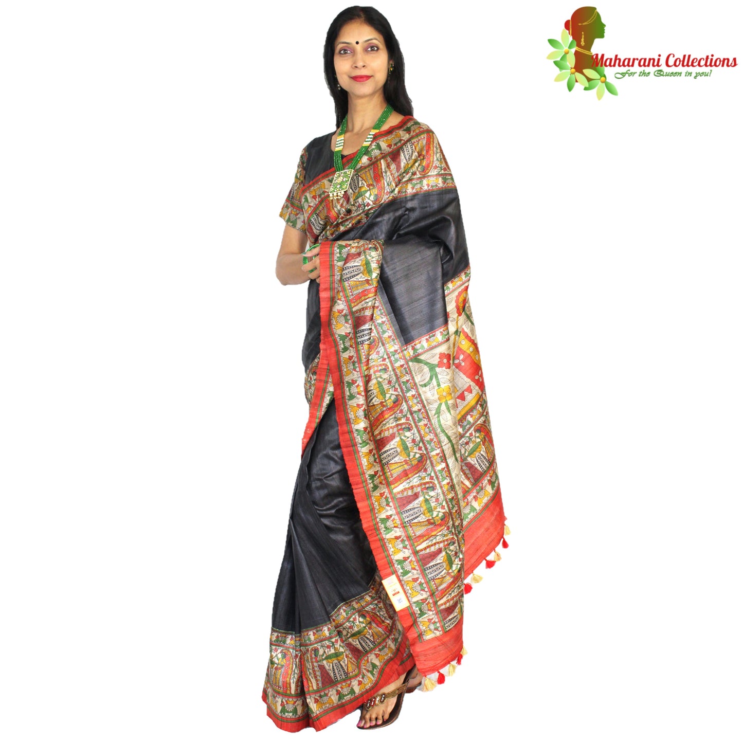 Maharani's Pure Tussar Silk Saree (Silk Mark) - Elegant Black with Madhubani Hand Painting