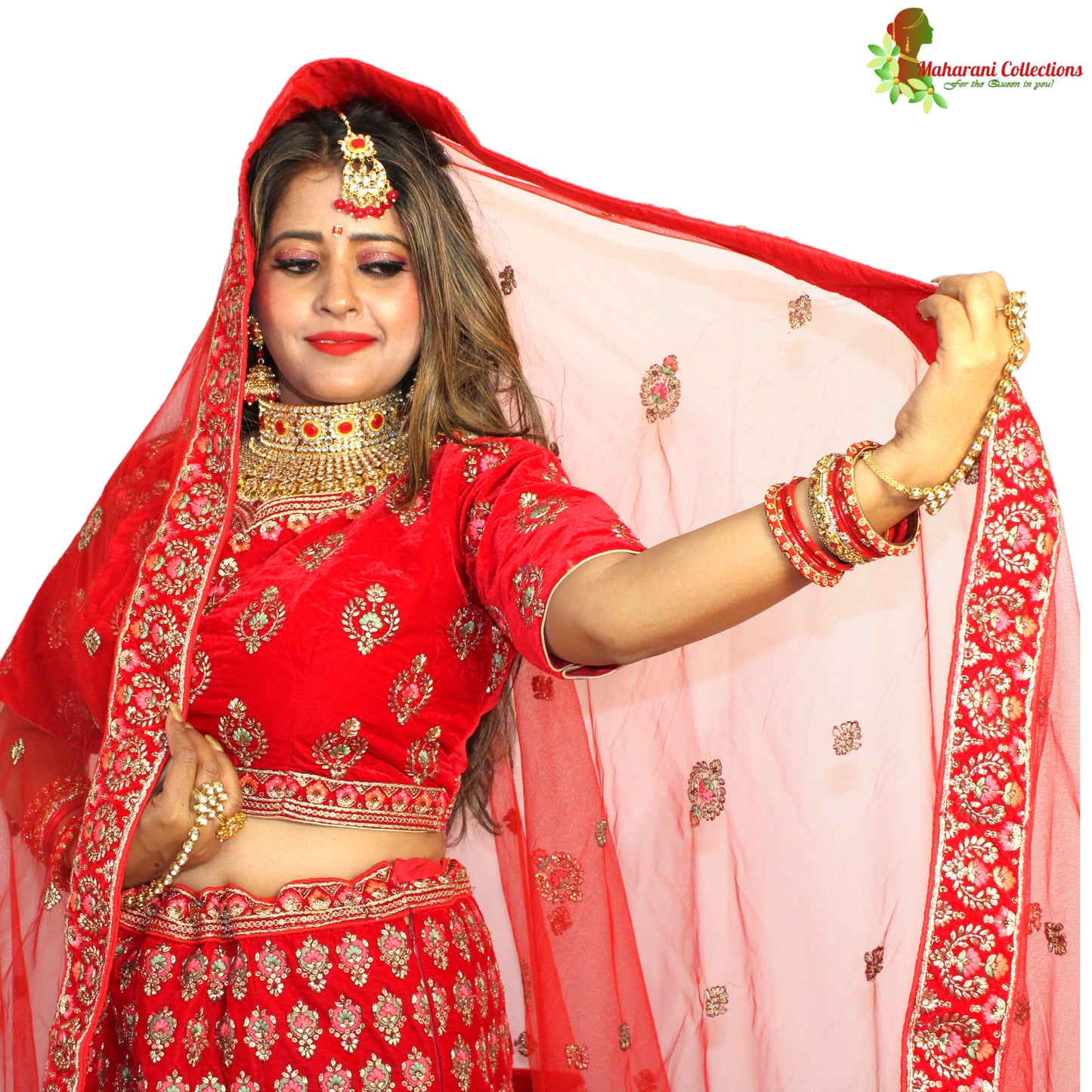 Maharani's Designer Bridal Lehenga - Stunning Red in Velvet (L)